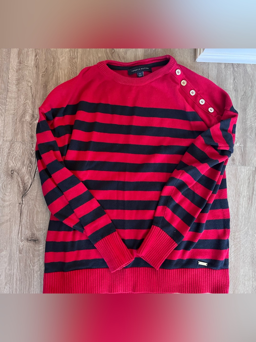 Tommy Hilfiger Red and Black Striped Crewneck Sweater with Shoulder Buttons